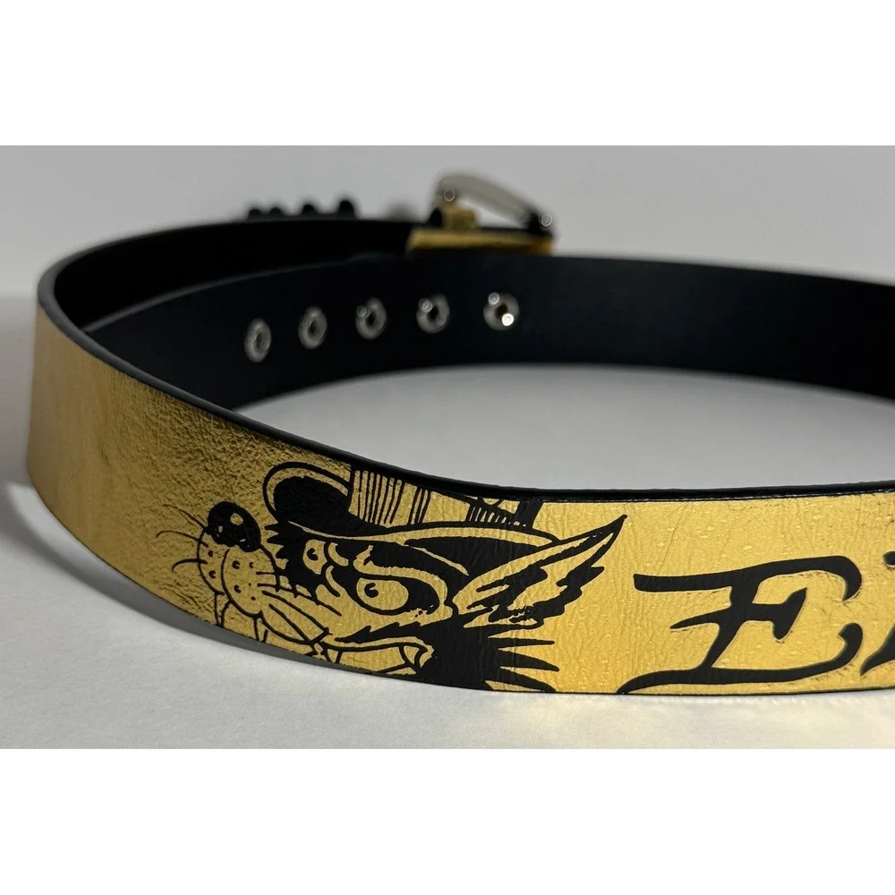 Ed Hardy Mens Gold Metallic Tattoo Print Belt Tiger Skull Snake Size 36 Y2K